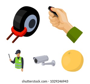 Car alarm, wheel rim, security camera, parking assistant. Parking zone set collection icons in cartoon style vector symbol stock illustration web.
