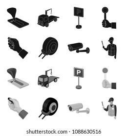 Car alarm, wheel rim, security camera, parking assistant. Parking zone set collection icons in black,monochrome style vector symbol stock illustration web.
