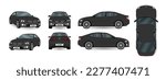 Car all view, top, side, back, front. Set of Sedan Cars. Black color. Vehicle branding mockup. Car vector template on white background. Vector.