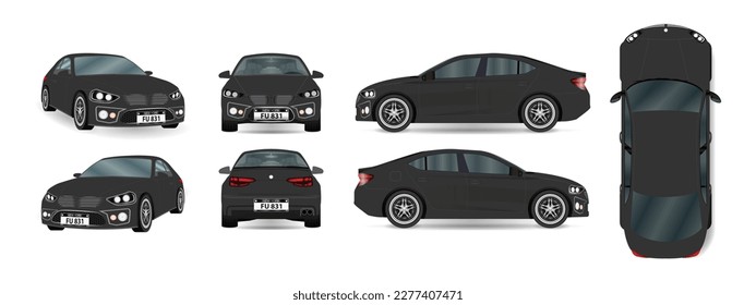 Coche todo ver, arriba, lateral, atrás, frontal. Juego de coches Sedan. Color negro. Burla de marca de vehículos. Plantilla de vector de coche sobre fondo blanco. Vector.