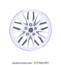 Car alloy wheel with multiple radial spokes rotating, representing vehicle maintenance, automotive styling, and modern transportation technology concepts on a white background