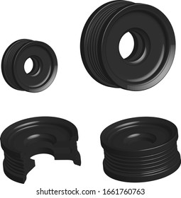 car alternator belt tension rollers, 3D sectional illustration, spare parts on transparent background