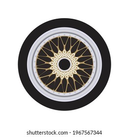 Car aluminum wheel retro old style in gold color with small screws. Black tire rubber.