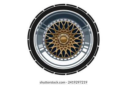 Car aluminum wheel retro old style in gold color with small screws. Black tire rubber