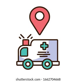 Krankenwagen mit Kartenstift auf weißem Hintergrund Vektorillustration Design