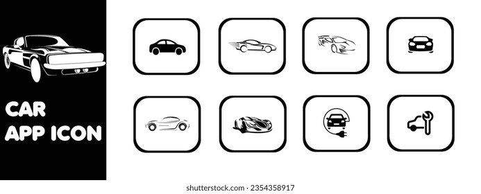 Car app icon set black and white color