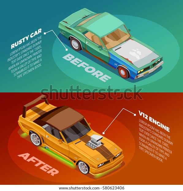 Car appearance and performance tuning 2 posters set with\
before and after vehicles images description vector illustration \
