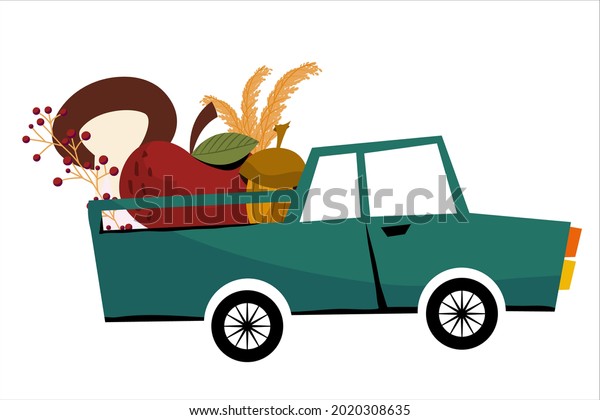 The car with apple, acorn,\
mushroom in trunk goes forward isolated on a white background.\
Vector seasonal illustration for decor of autumn postcards and\
posters.