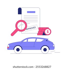 Car With Approved Loan Document And Magnifying Glass In Flat Vector Illustration Symbolizing Auto Loan, Purchase, And Financing, Isolated On White Background