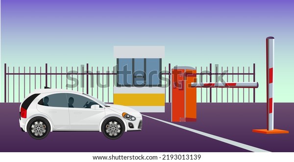 Car arrives at entrance and exit terminal. Car at\
parking entrance with a barrier. Security guard in booth. Boom\
barrier and gate letting driver drive into the parking lot. Central\
cashier. Vector