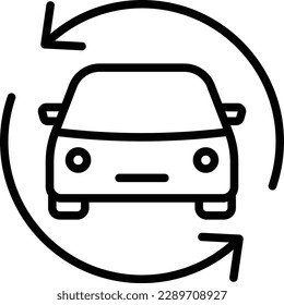 Car in arrows thin line icon. Symbol of car sharing, rent or garage. Modern vector illustration.