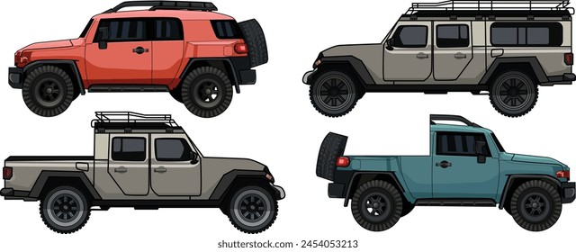 arte del coche 4x4 colección. Vista lateral automática . Ilustración de Vector , fondo blanco