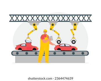 Montaje de coche con robot automatizado, ingeniero con uniforme para seguridad de trabajo, ilustración de vector de fábrica.