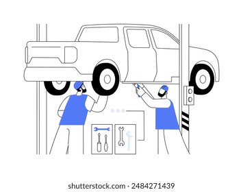 Fahrzeugmontage-Prüfung abstrakte Konzept Vektorillustration. Gruppe von Arbeitern, die von der Unterseite des Autos, der Automobilindustrie, der Transportmontageprüfung, der abstrakten Metapher der Fahrzeugherstellungslinie überprüfen.