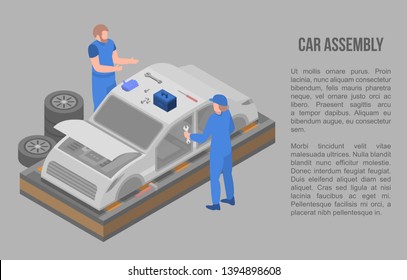 Car assembly concept banner. Isometric illustration of car assembly vector concept banner for web design