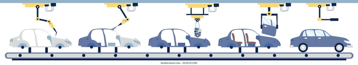 Car assembly conveyor. Robotic arm modern manufacture