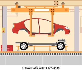 Car Assembly At The Factory. Installation A Body On The Chassis. Vector Illustration