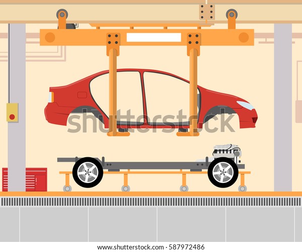 Car assembly at the factory. Installation a\
body on the chassis. Vector\
illustration