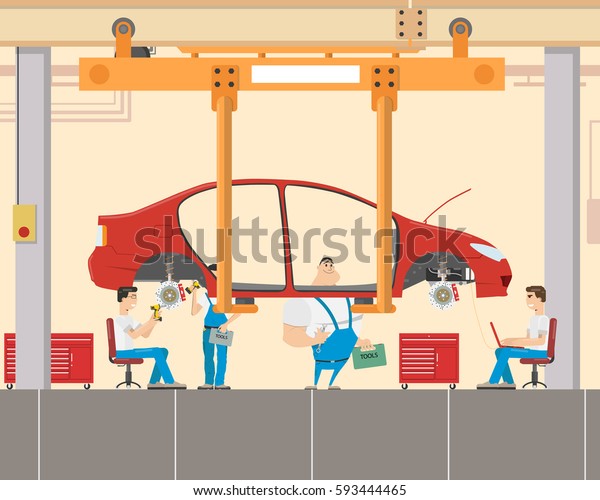 Car assembly at the\
factory skilled mechanics. Diagnostics and Troubleshooting. Vector\
illustration
