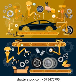 Car assembly line auto conveyor belt, yellow robots welding cars in a production line 