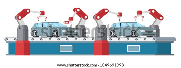 Car\
assembly line. Automatic auto production conveyor. Robotic car\
machinery industry concept. Vector\
illustration.