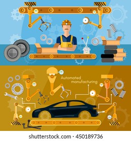 Car assembly line banner conveyor belt operator automotive industry vector illustration 