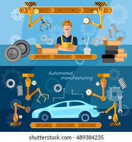 Car Assembly Line Banner Conveyor Belt Car Assembly Concept Operator Automotive Industry Vector Illustration 