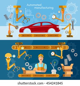 Car assembly line banner operator automotive industry conveyor belt vector illustration 
