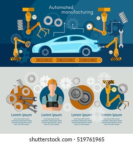 Car assembly line concept conveyor belt operator automotive industry, process of assembling cars vector illustration 