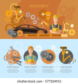 Car Assembly Line Infographics Conveyor Belt Operator Automotive Industry. Industrial Automation Conveyor Robotic Hands For Manufacture 