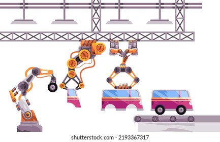 Car assembly line robot assemble vehicle in automated manufacturing production process 