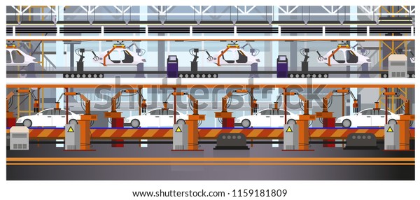Car assembly line vector illustration. Automated
automobile production. Automobile industry concept. For websites,
wallpapers, posters or
banners.