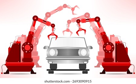 Uma linha de montagem de carro vista da frente em tons de vermelho