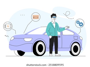 Car assembly virtual tools. Man in virtual reality glasses assesses condition of car parts. Engine and battery. Transport and automobile. Linear vector illustration isolated on white background