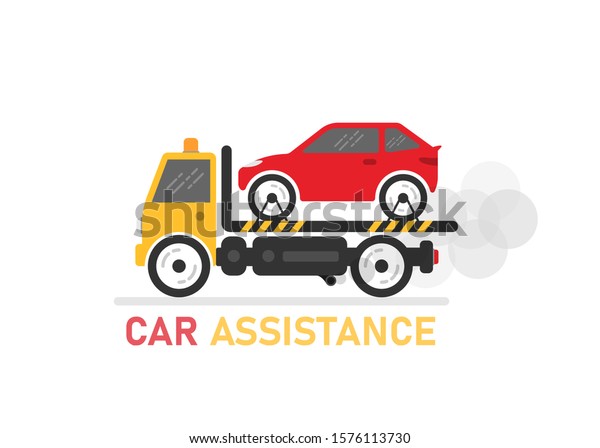 Car assistance on white background.\
Delivery of the car to the client. Vector\
illustration.