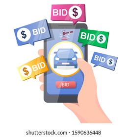 Car auction online, vector illustration. Hand holding smartphone with car, gavel and bid button on screen. Auction and mobile bidding concept for web banner, website page etc.