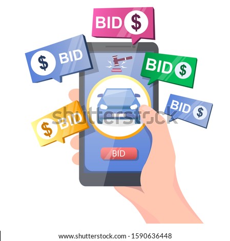 Car auction online, vector illustration. Hand holding smartphone with car, gavel and bid button on screen. Auction and mobile bidding concept for web banner, website page etc.