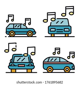 Auto-Audio-Icons Set. Rahmenset für Auto-Audio-Vektorsymbole dünne Linie Farbe flach auf Weiß