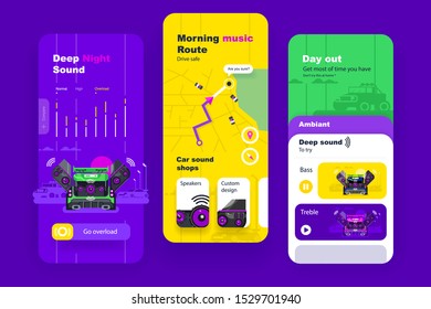 Car audio mobile ui design vector illustration. High technological automobile device that allow auto user listening to radiostation music and play downloaded tracks on flesh cards