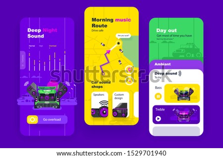 Car audio mobile ui design vector illustration. High technological automobile device that allow auto user listening to radiostation music and play downloaded tracks on flesh cards