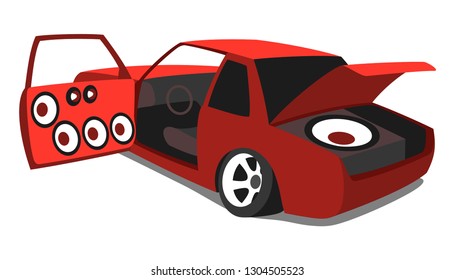 Car audio with speakers in open doors and subwoofer loudspeaker in trunk. Vector illustration.