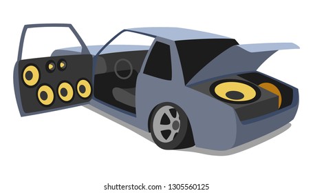 Car Audio With Speakers In Open Doors And Subwoofer Loudspeaker In Trunk. Vector Illustration.