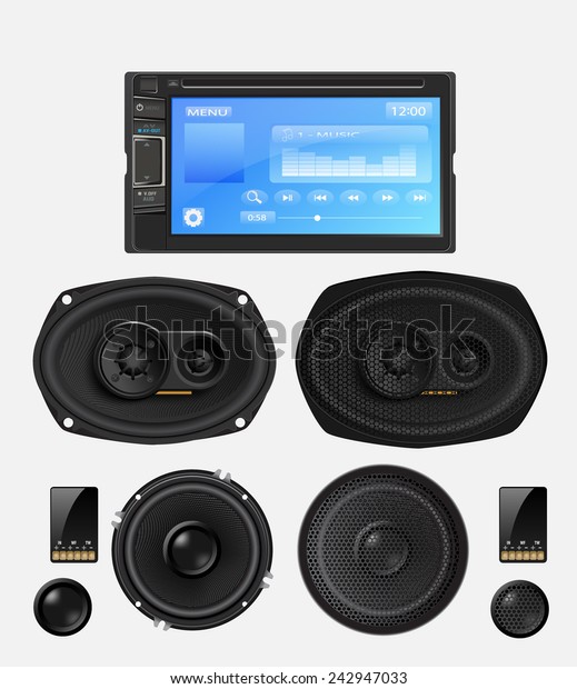 Car audio with speakers.\
Vector