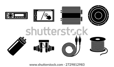 Car audio system components and electronic parts. Radio, touchscreen, amplifier, speaker, capacitor, fuse, cables.