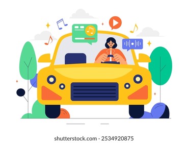 Car Audio Vector Illustration featuring a Musical Car, Loudspeakers, Sound System, and Music Automobile in a Flat Style Cartoon Background
