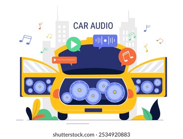 Ilustração de vetor de áudio de carro com um carro musical, alto-falantes, sistema de som e automóvel de música em um plano de fundo de desenhos animados de estilo plano
