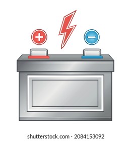 Car auto battery charge icon. Accumulator energy portable electric power supply. Industrial chemical alkaline lead electrical cell. Vehicle electricity equipment. Lightning with poles sign. Vector