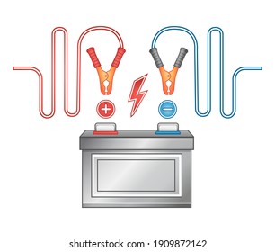 Car auto battery charging icon. Accumulator electrical supply power. Jumper cable with clamps. Using charger to replenish energy portable chemical power supply. Electricity sign. Isolated vector svg