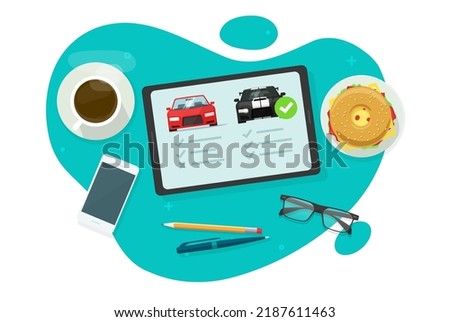 Car auto compare rental vector or automobile vehicle comparison review from online dealer internet store on tablet, concept of purchase or buy, history digital auction check list info, checklist shop