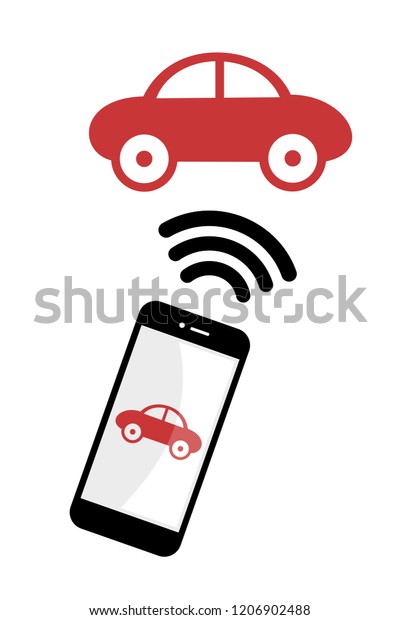 Car and auto is controlled by mobie app in\
the smartphone. Modern remote wireless technology for driver.\
Vector illustration